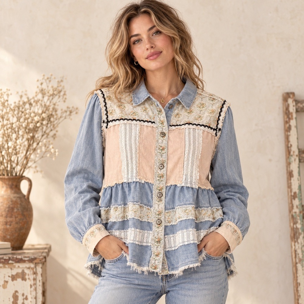 POL GWT358 Patchwork Denim Lace Shirt Womens M Floral Tiered Boho Western